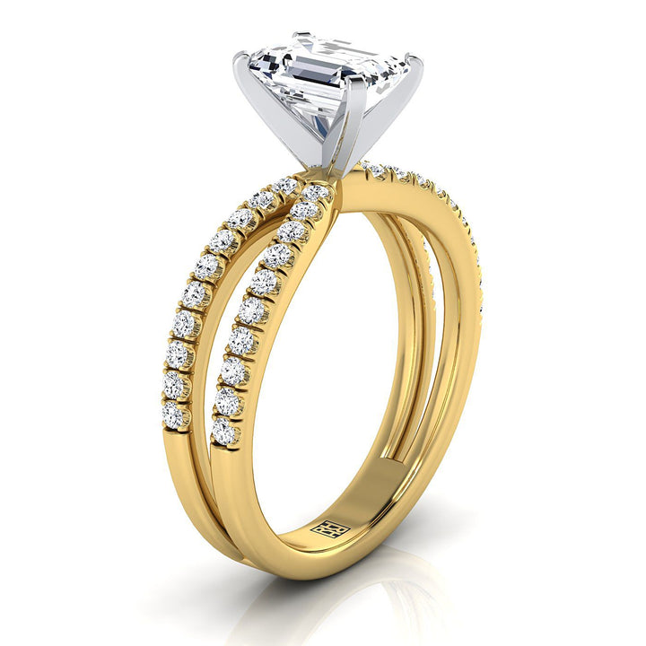European Cut, Two Row Pavé Split Shank Emerald, in 18K Yellow Gold – side profile | RockHer