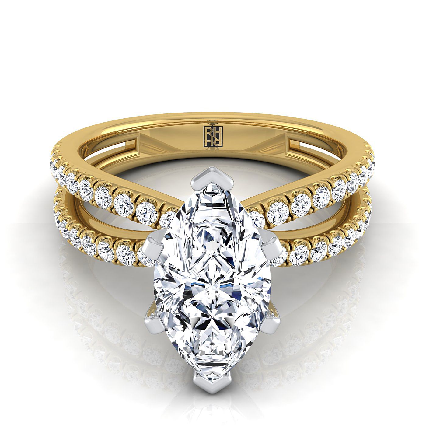 18K Yellow Gold Marquise  Diamond Two Row Pavé Split Shank Engagement Ring -1/3ctw