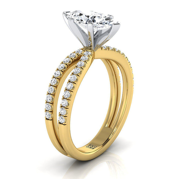 18K Yellow Gold Marquise  Diamond Two Row Pavé Split Shank Engagement Ring -1/3ctw