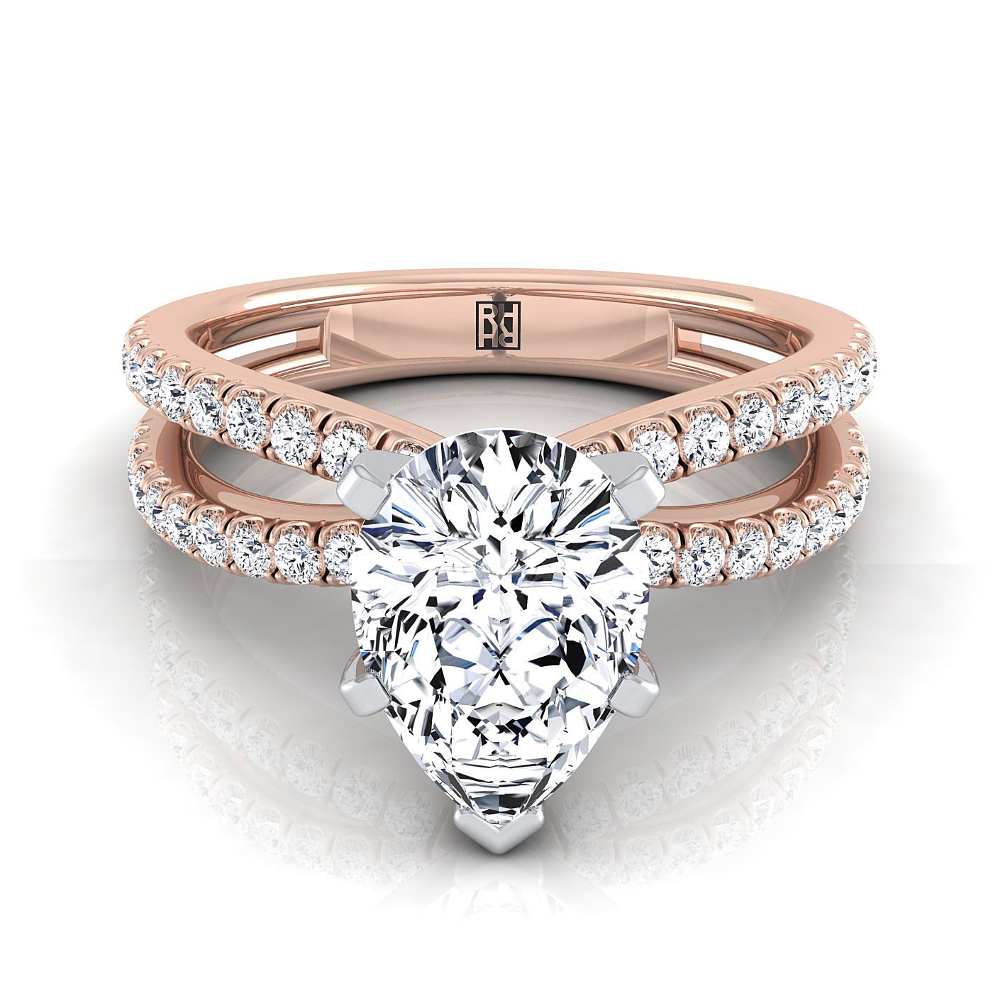 Two Row Pavé Split Shank Pear Shape, in 14K Rose Gold, pave setting | RockHer