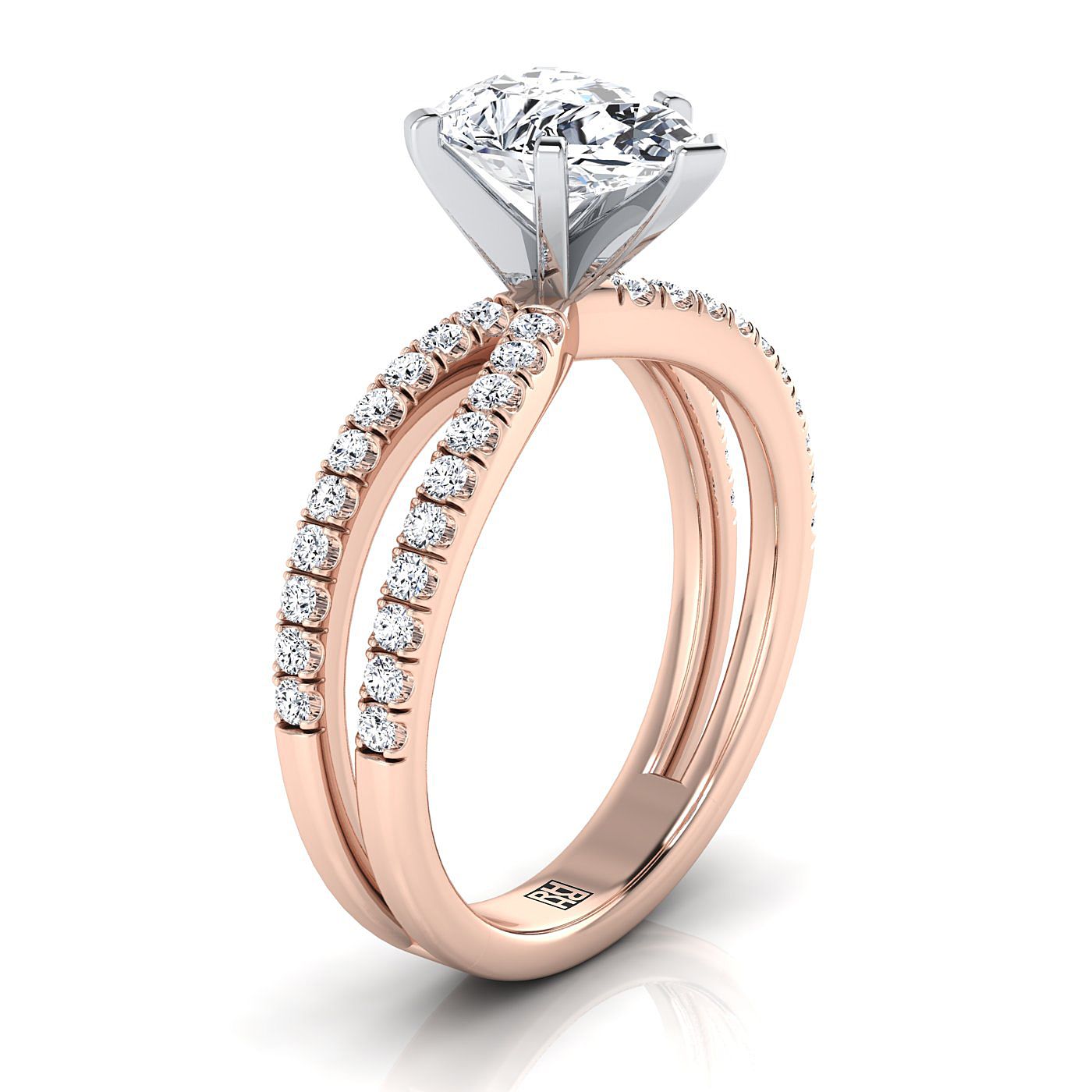 Two Row Pavé Split Shank Pear Shape, in 14K Rose Gold, pave setting – side profile | RockHer