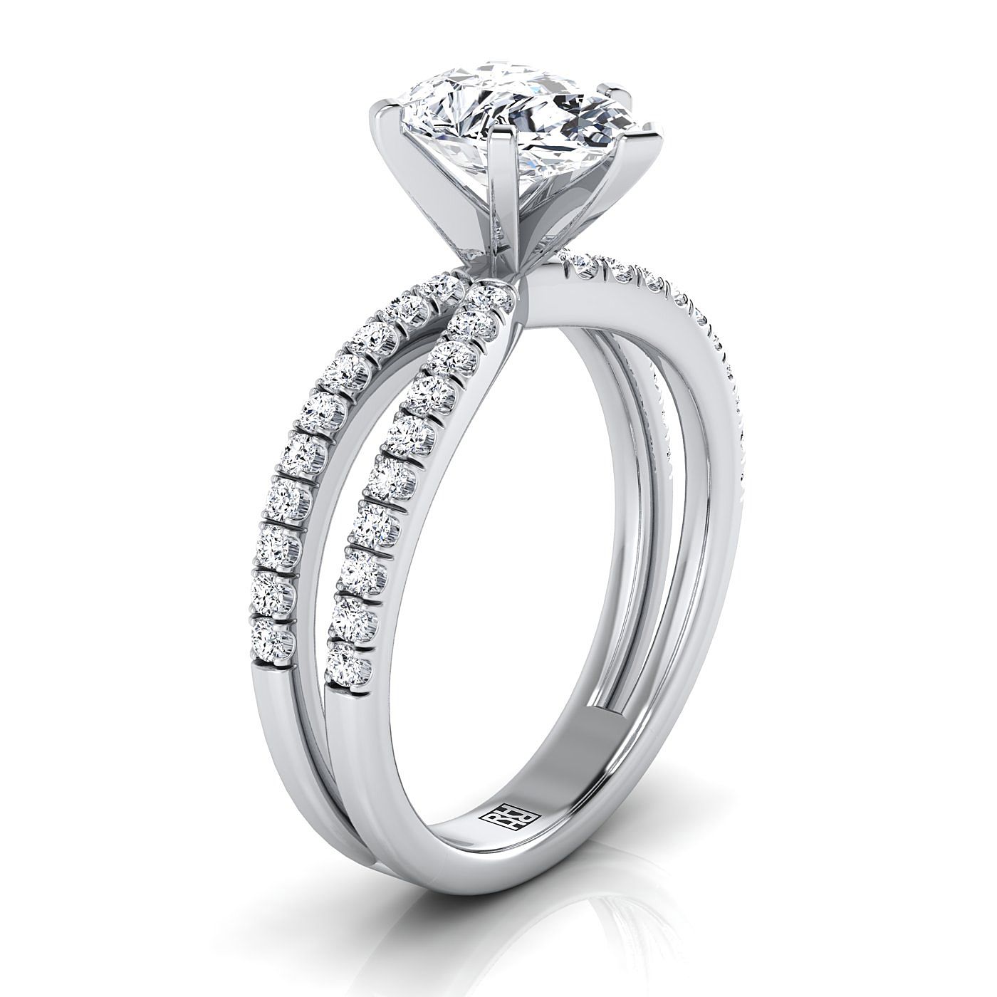 Two Row Pavé Split Shank Pear Shape, in 18K White Gold – side profile | RockHer