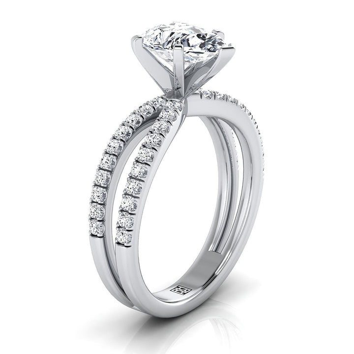 Platinum Pear Shape Center Diamond Two Row Pavé Split Shank Engagement Ring -1/3ctw
