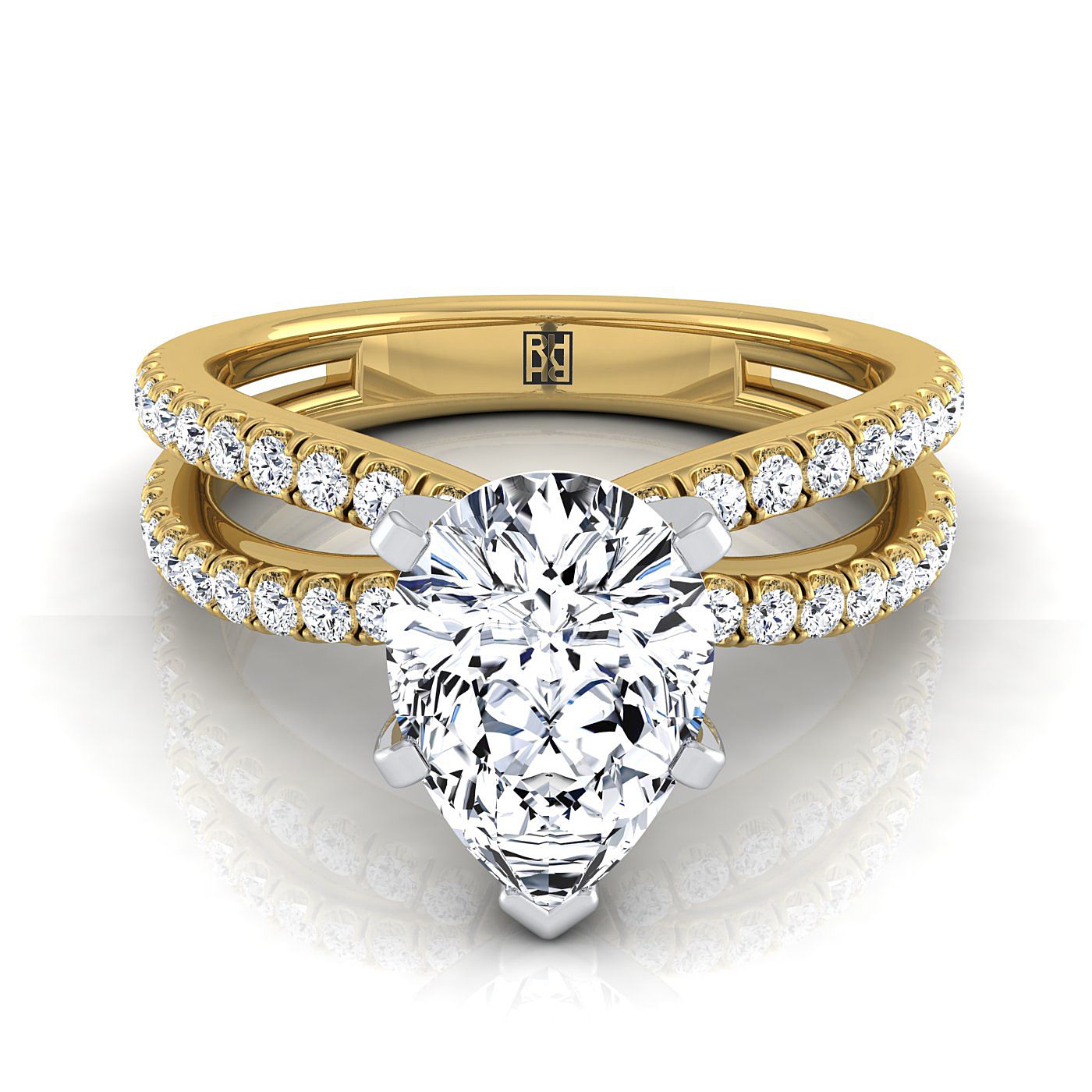 18K Yellow Gold Pear Shape Center Diamond Two Row Pavé Split Shank Engagement Ring -1/3ctw