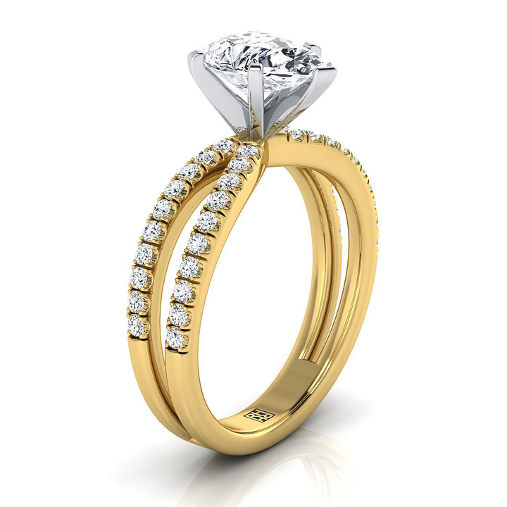18K Yellow Gold Pear Shape Center Diamond Two Row Pavé Split Shank Engagement Ring -1/3ctw