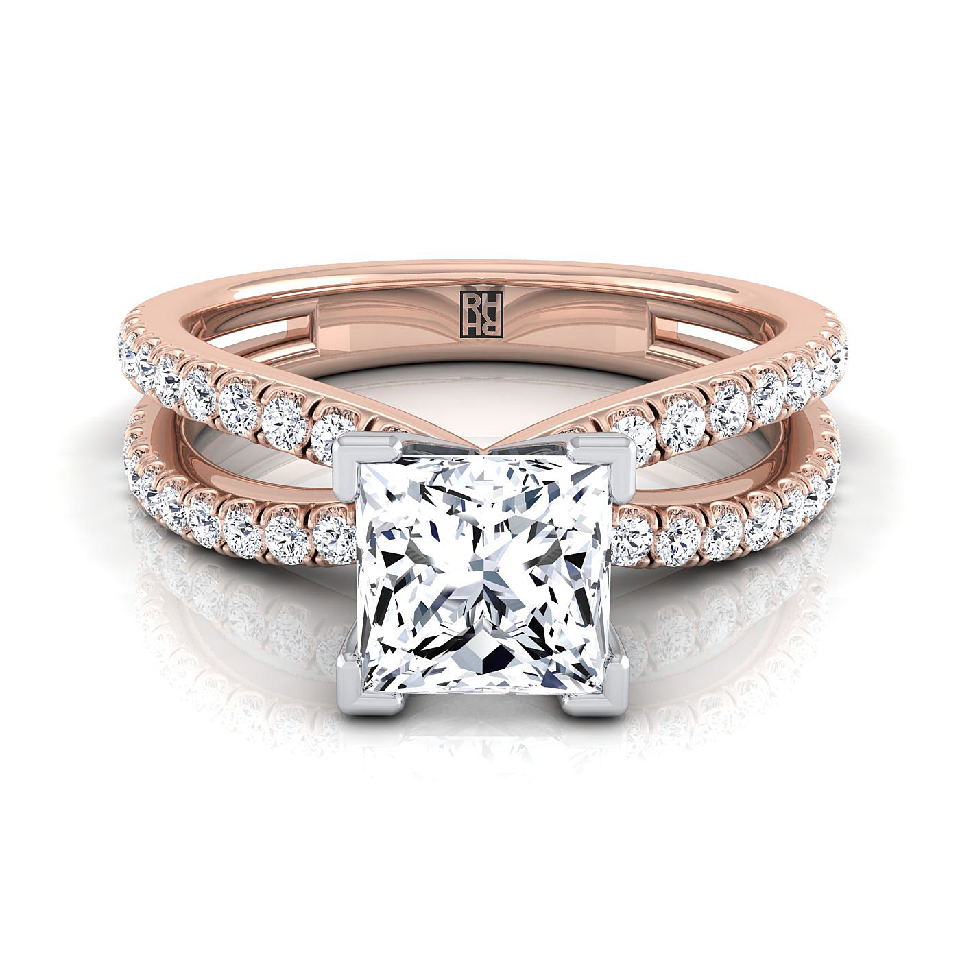 Two Row Pavé Split Shank Princess, in 14K Rose Gold, pave setting | RockHer