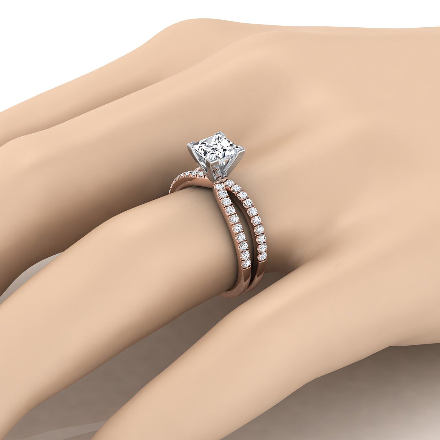 Two Row Pavé Split Shank Princess, in 14K Rose Gold, pave setting – detail view | RockHer