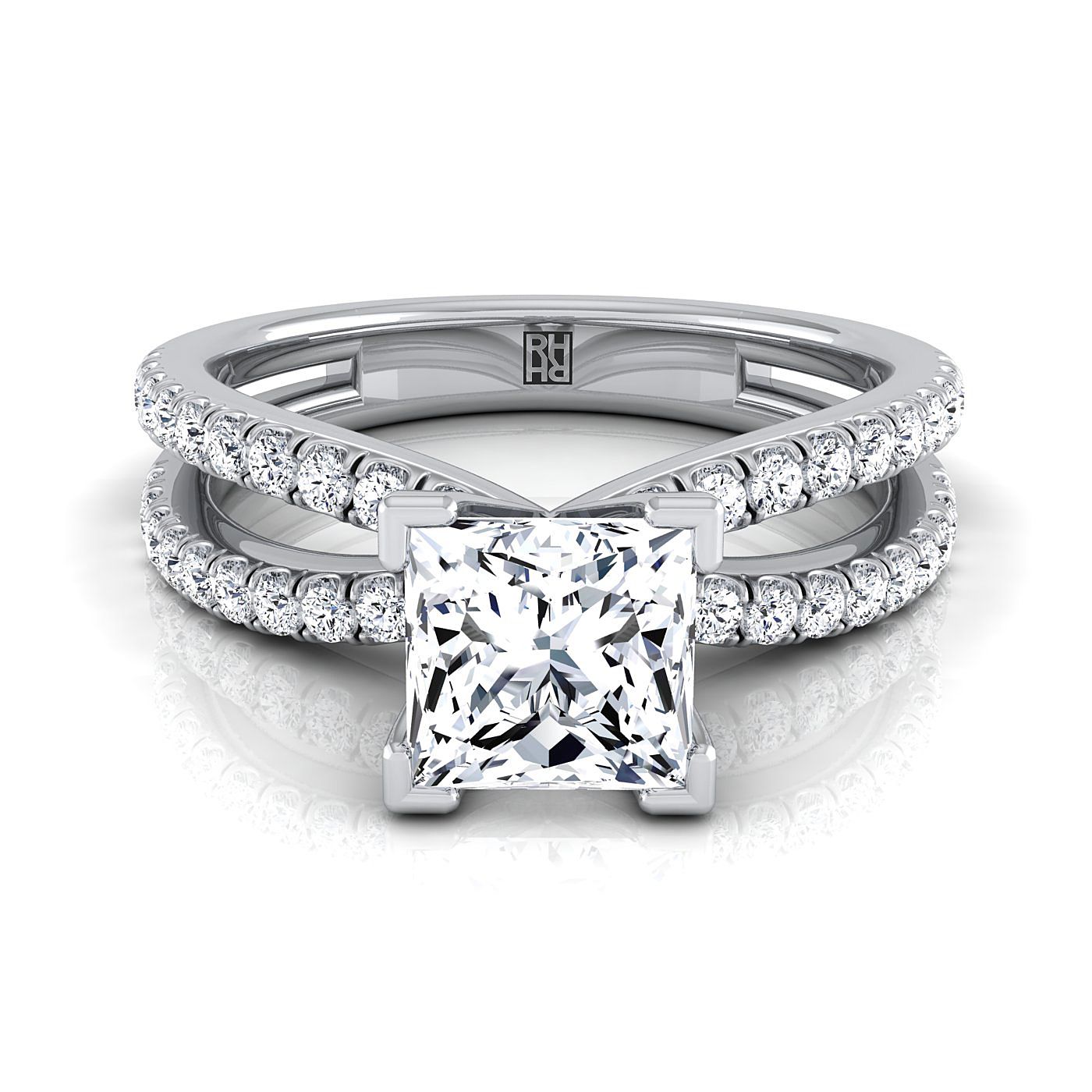 Two Row Pavé Split Shank Princess, in 18K White Gold | RockHer