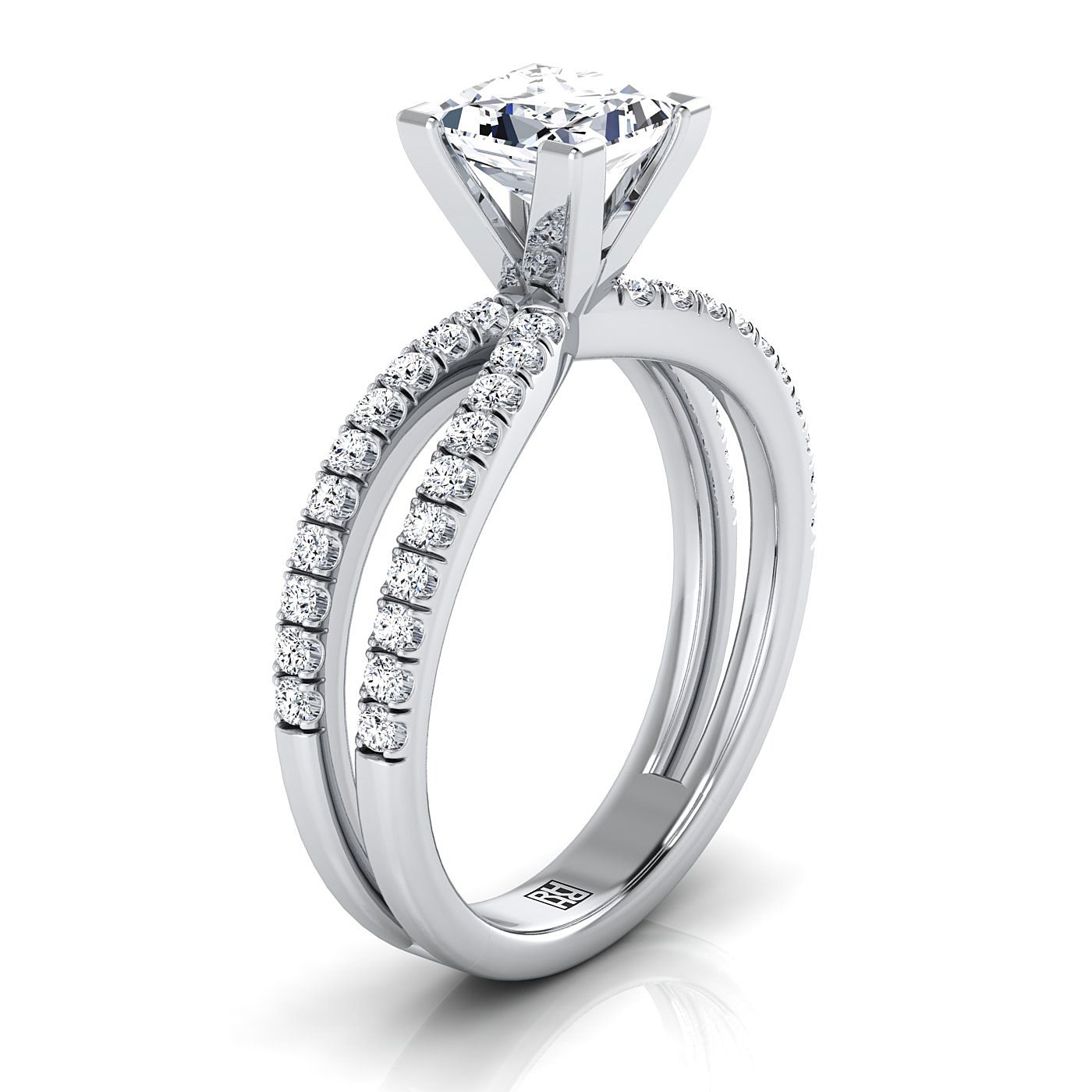 Platinum Princess Cut Diamond Two Row Pavé Split Shank Engagement Ring -1/3ctw