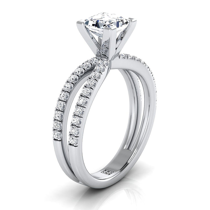 Platinum Princess Cut Diamond Two Row Pavé Split Shank Engagement Ring -1/3ctw
