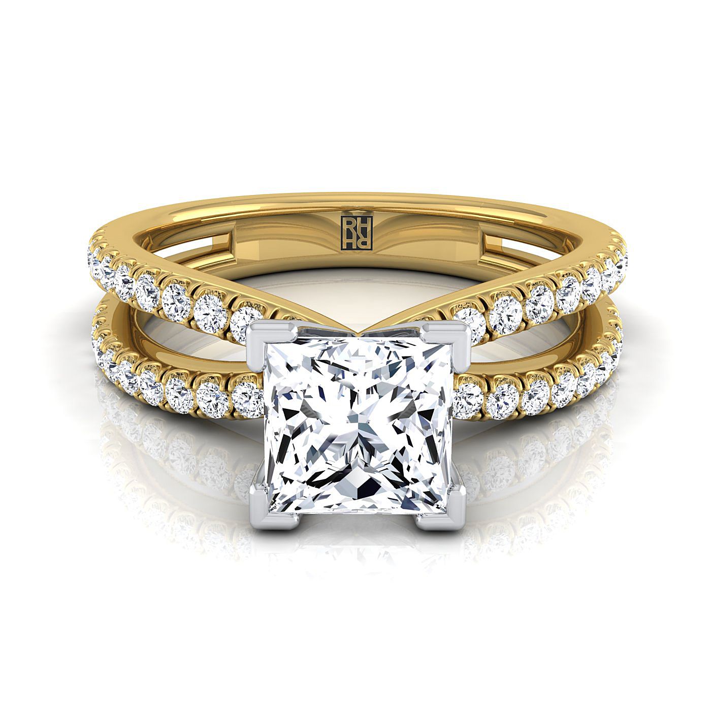 Two Row Pavé Split Shank Princess, in 18K Yellow Gold | RockHer