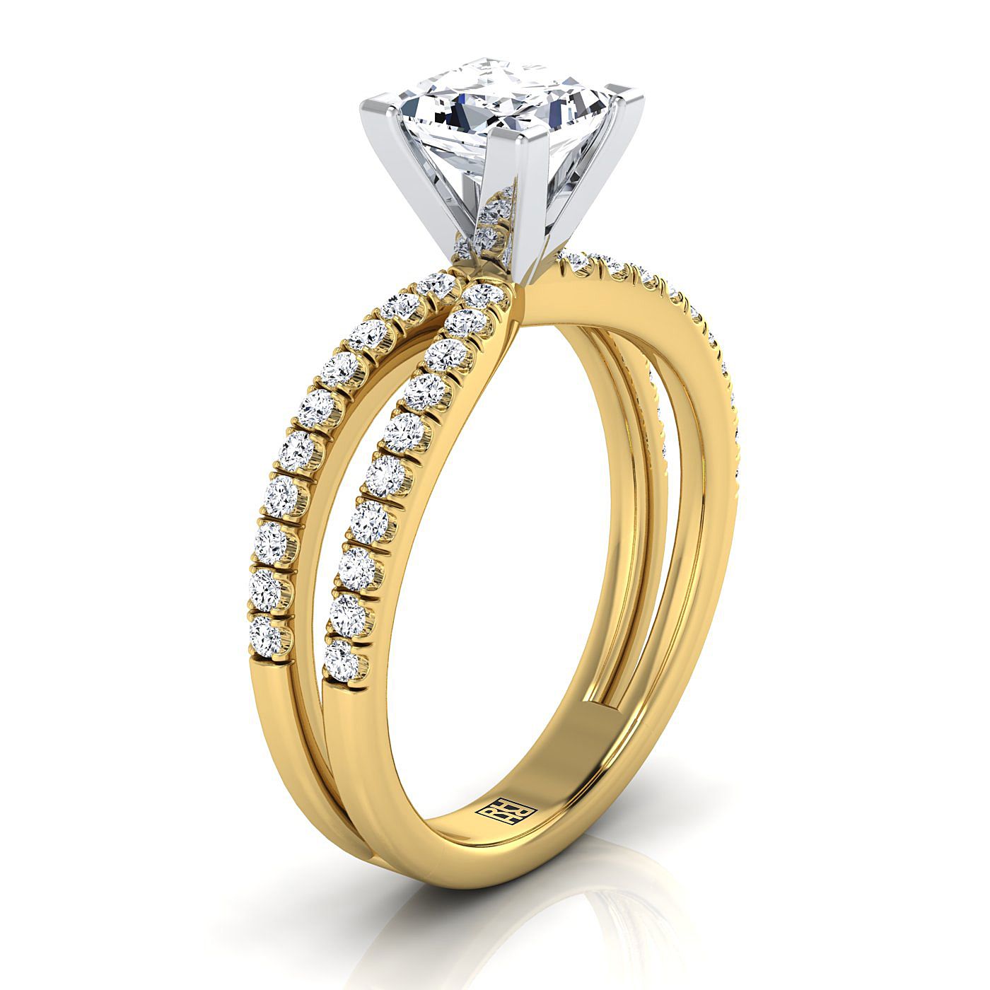 Two Row Pavé Split Shank Princess, in 18K Yellow Gold – side profile | RockHer