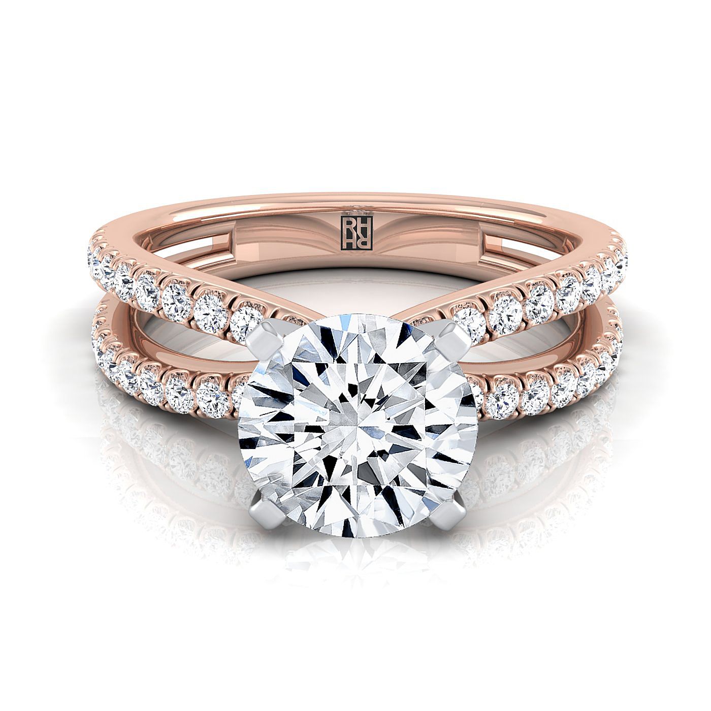 Round Brilliant, Two Row Pavé Split Shank, in 14K Rose Gold, pave setting | RockHer