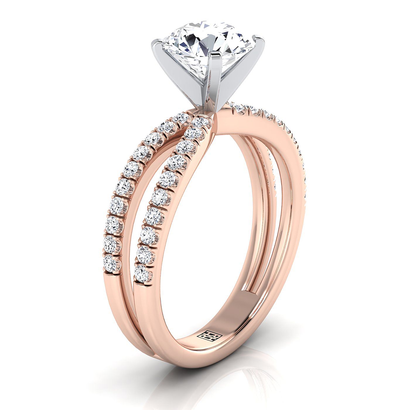 Round Brilliant, Two Row Pavé Split Shank, in 14K Rose Gold, pave setting – side profile | RockHer