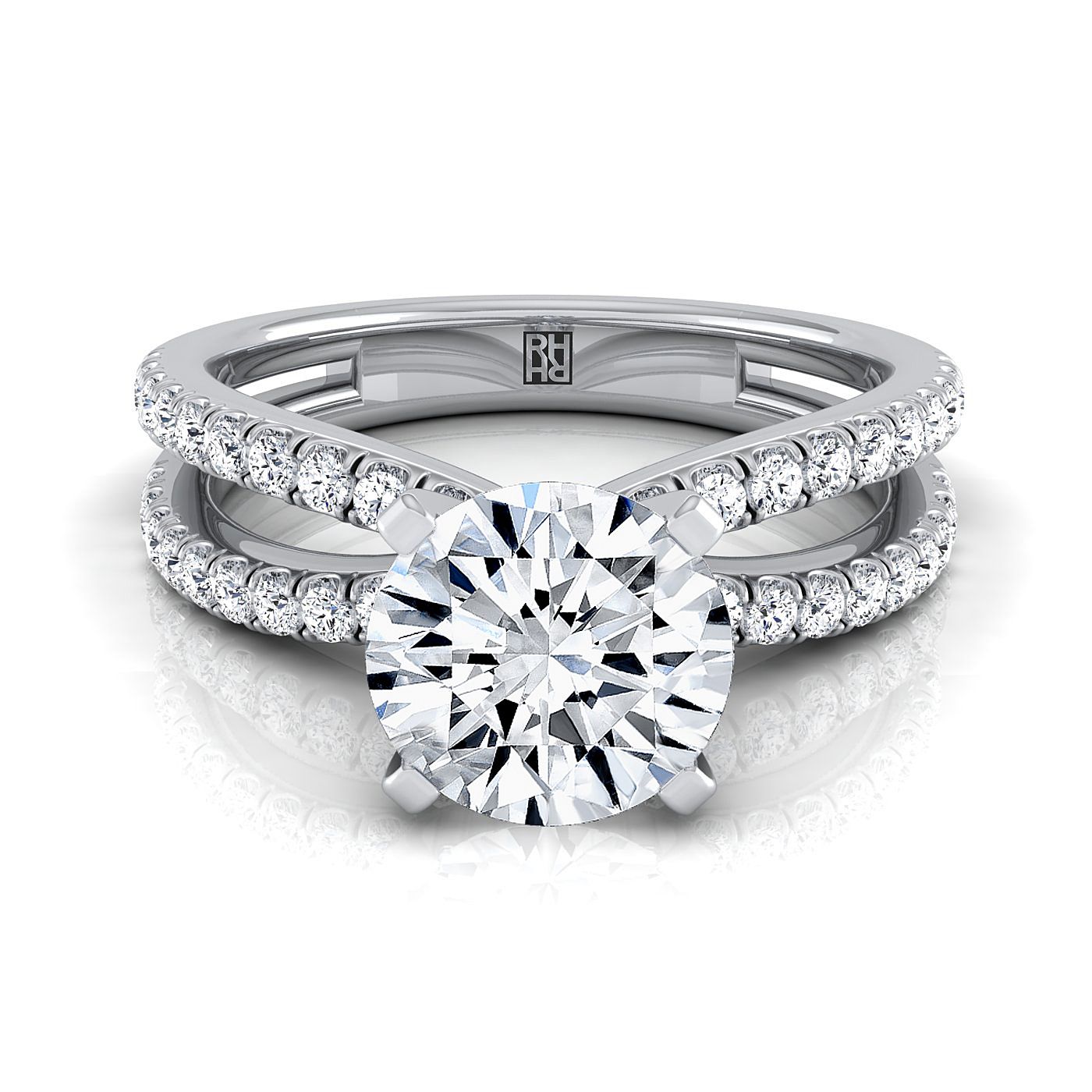 Round Brilliant, Two Row Pavé Split Shank, in 18K White Gold | RockHer