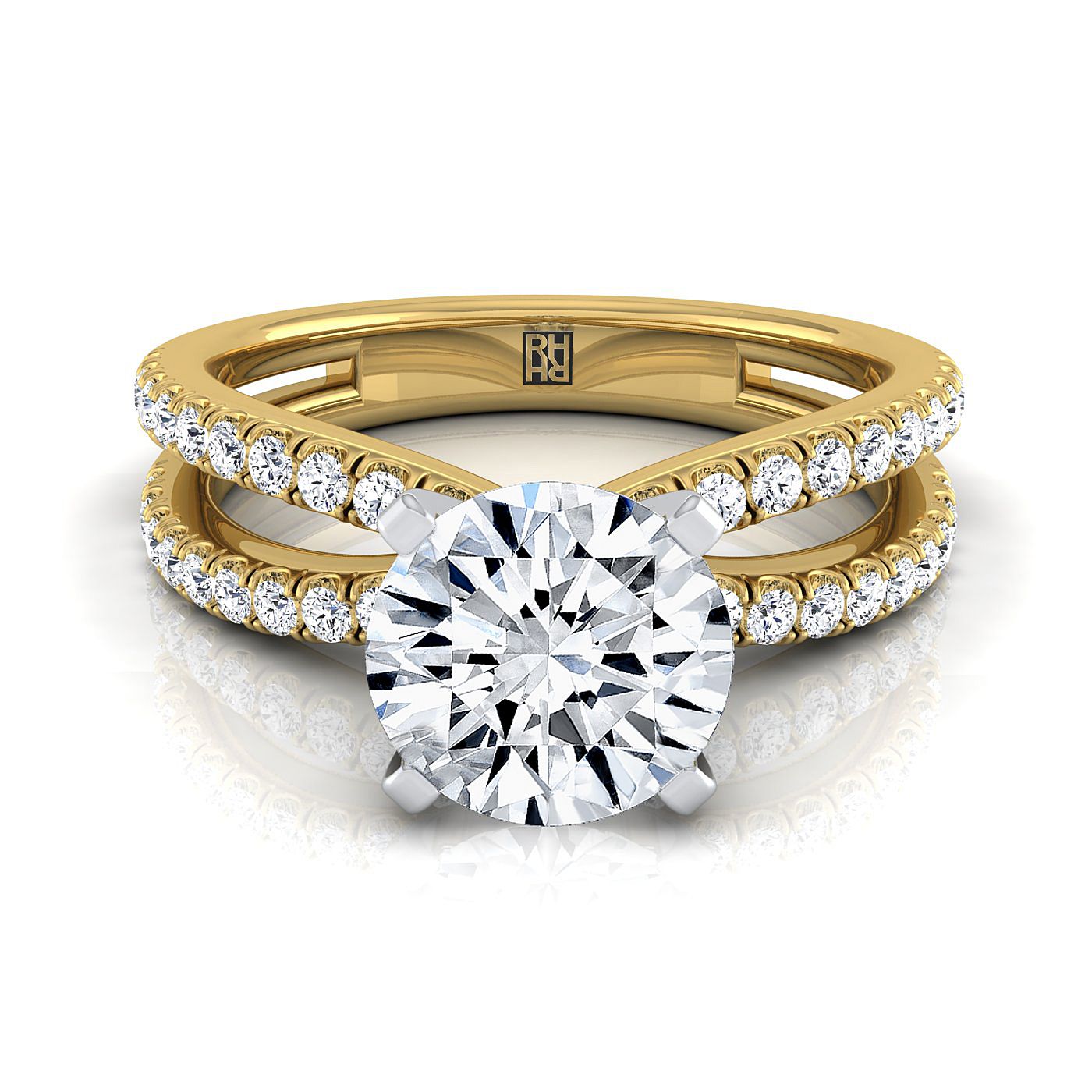Round Brilliant, Two Row Pavé Split Shank, in 18K Yellow Gold | RockHer