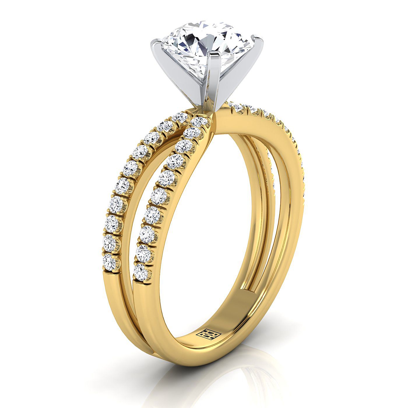 Round Brilliant, Two Row Pavé Split Shank, in 18K Yellow Gold – side profile | RockHer