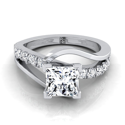 Bypass Pavé Swirl Princess Cut Engagement Ring Setting in 14K White Gold
