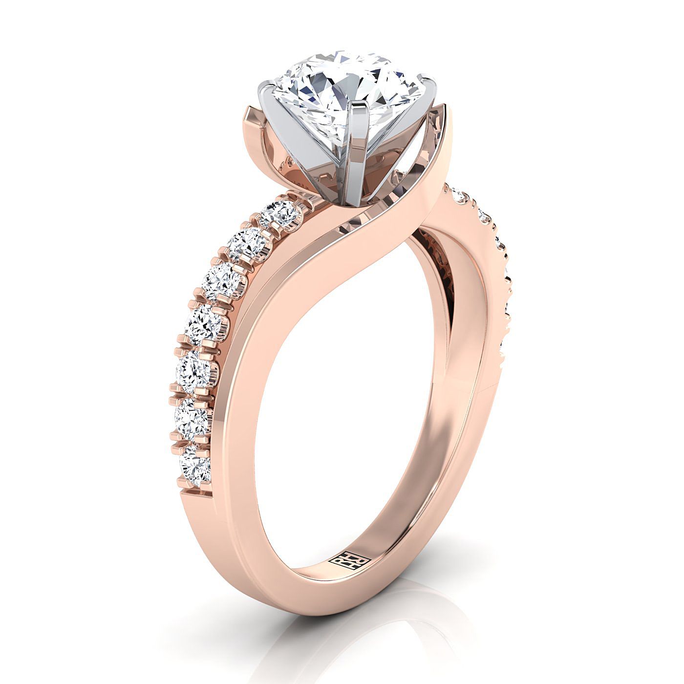Round Brilliant, Bypass Pavé Swirl, in 14K Rose Gold, prong setting – side profile | RockHer