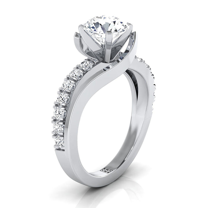 14K White Gold Round Brilliant Unique Bypass Diamond Pave Swirl Engagement Ring -3/8ctw