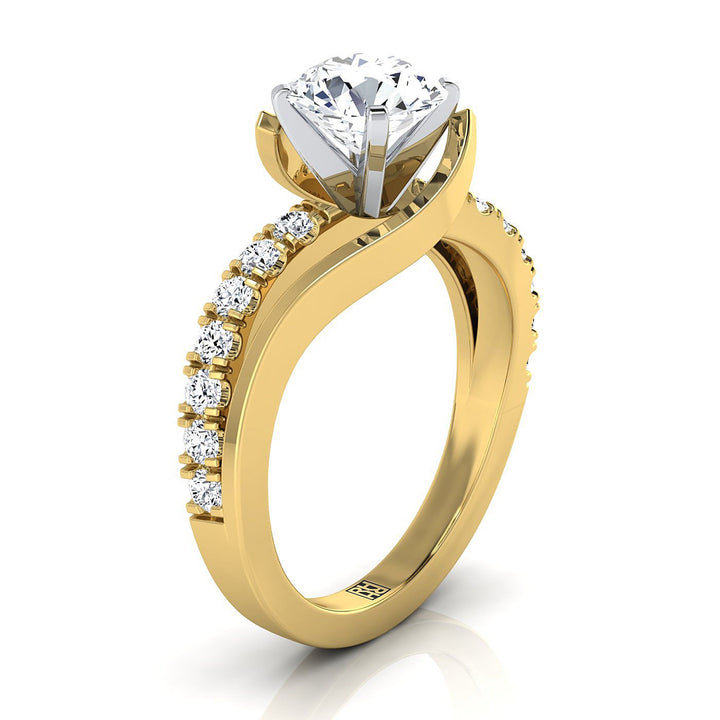 18K Yellow Gold Round Brilliant Unique Bypass Diamond Pave Swirl Engagement Ring -3/8ctw