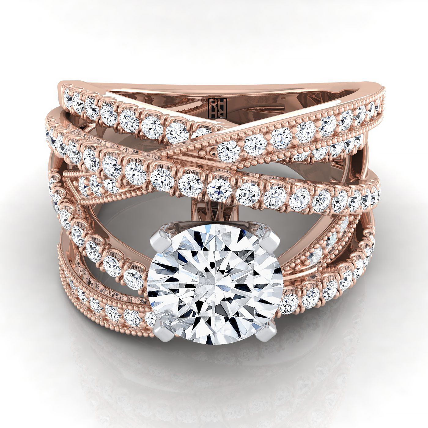 14K Rose Gold Round Brilliant Customized Multi Diamond Row Diamond Engagement Ring -7/8ctw