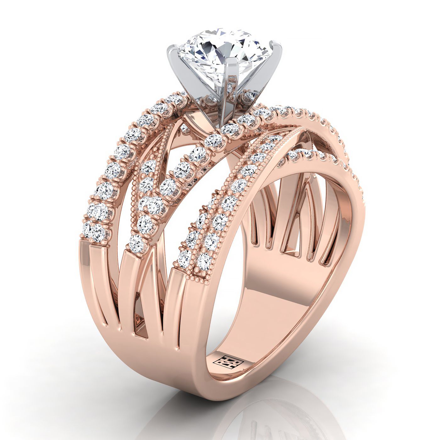 Round Brilliant, Multi-Layer Interweave Pavé, in 14K Rose Gold, prong setting – side profile | RockHer