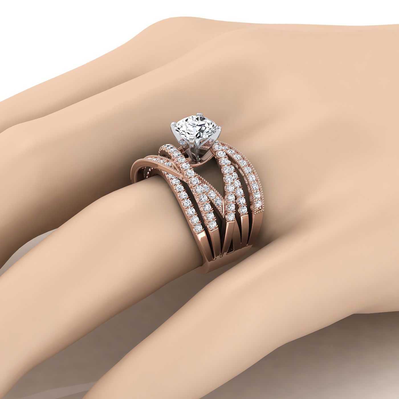 Round Brilliant, Multi-Layer Interweave Pavé, in 14K Rose Gold, prong setting – detail view | RockHer