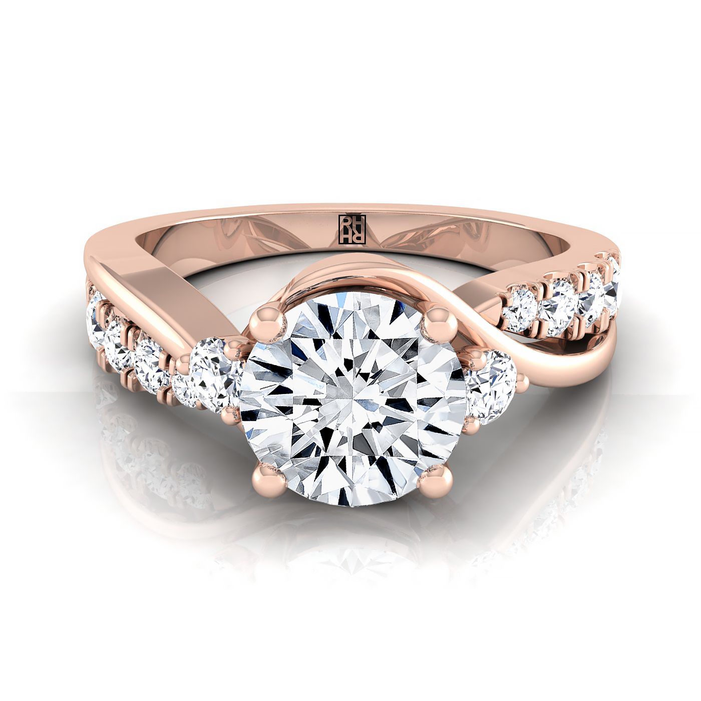 Round Brilliant, Twisted Three Stone Round, in 14K Rose Gold, prong setting | RockHer