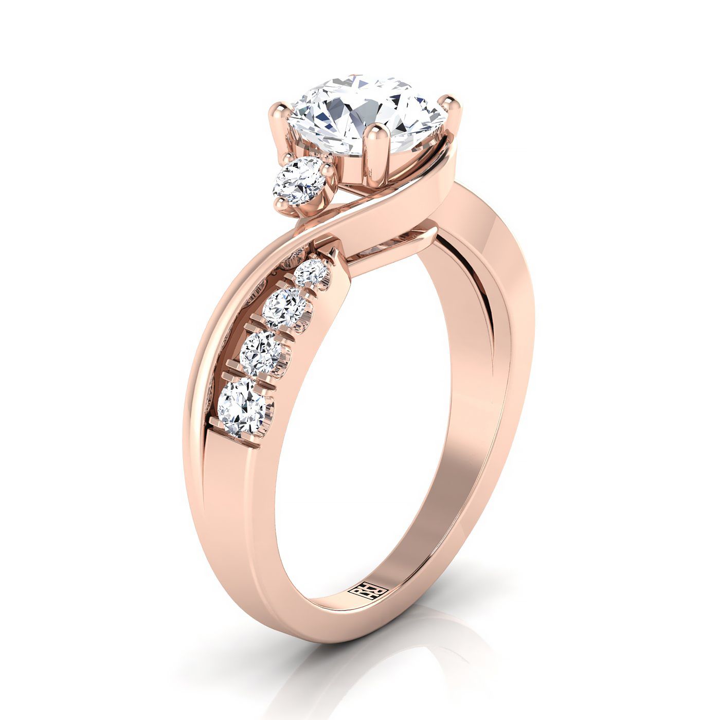 Round Brilliant, Twisted Three Stone Round, in 14K Rose Gold, prong setting – side profile | RockHer