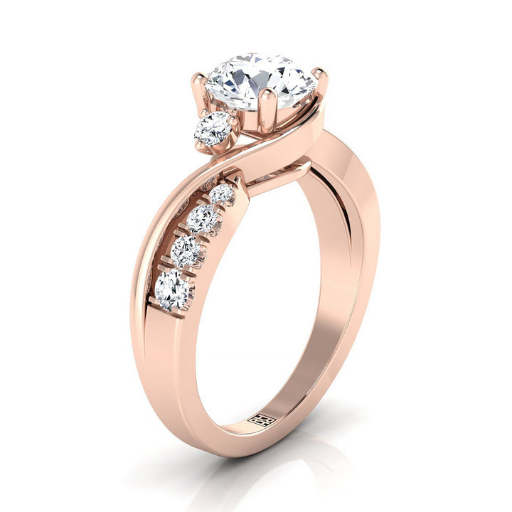 Round Brilliant, Twisted Three Stone Round, in 14K Rose Gold, prong setting – side profile | RockHer