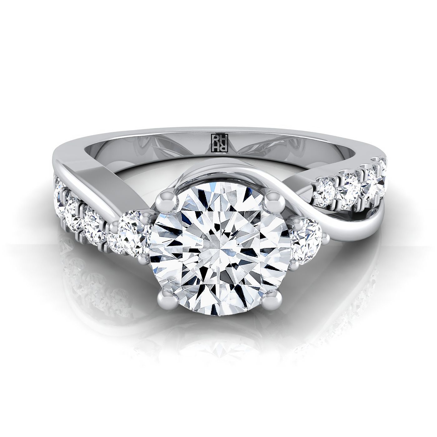Round Brilliant, Twisted Three Stone, in 18K White Gold – view 8 | RockHer