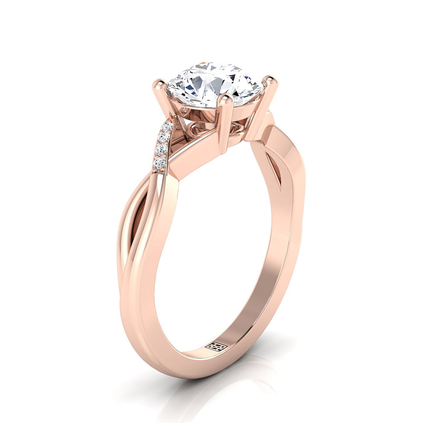 Round Brilliant, Criss Cross Bypass Twist, in 14K Rose Gold, prong setting – side profile | RockHer