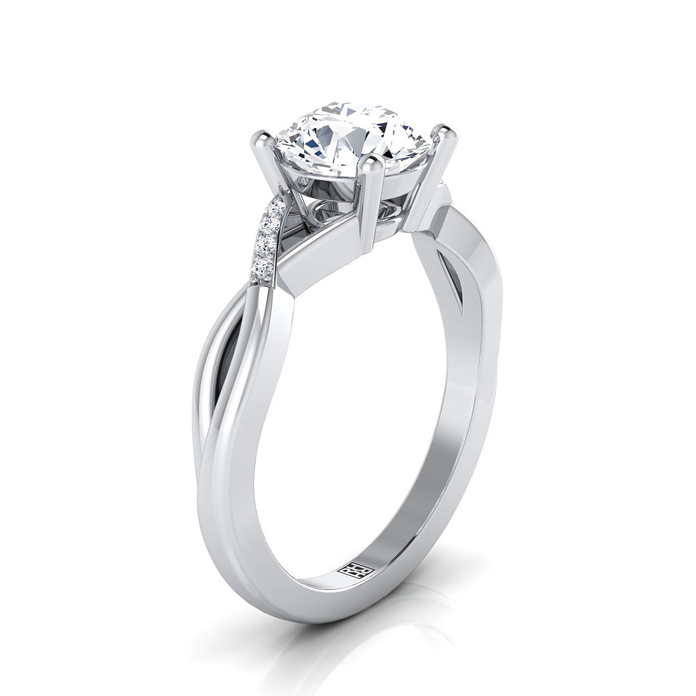Round Brilliant, Criss Cross Bypass Twist, in 18K White Gold – side profile | RockHer