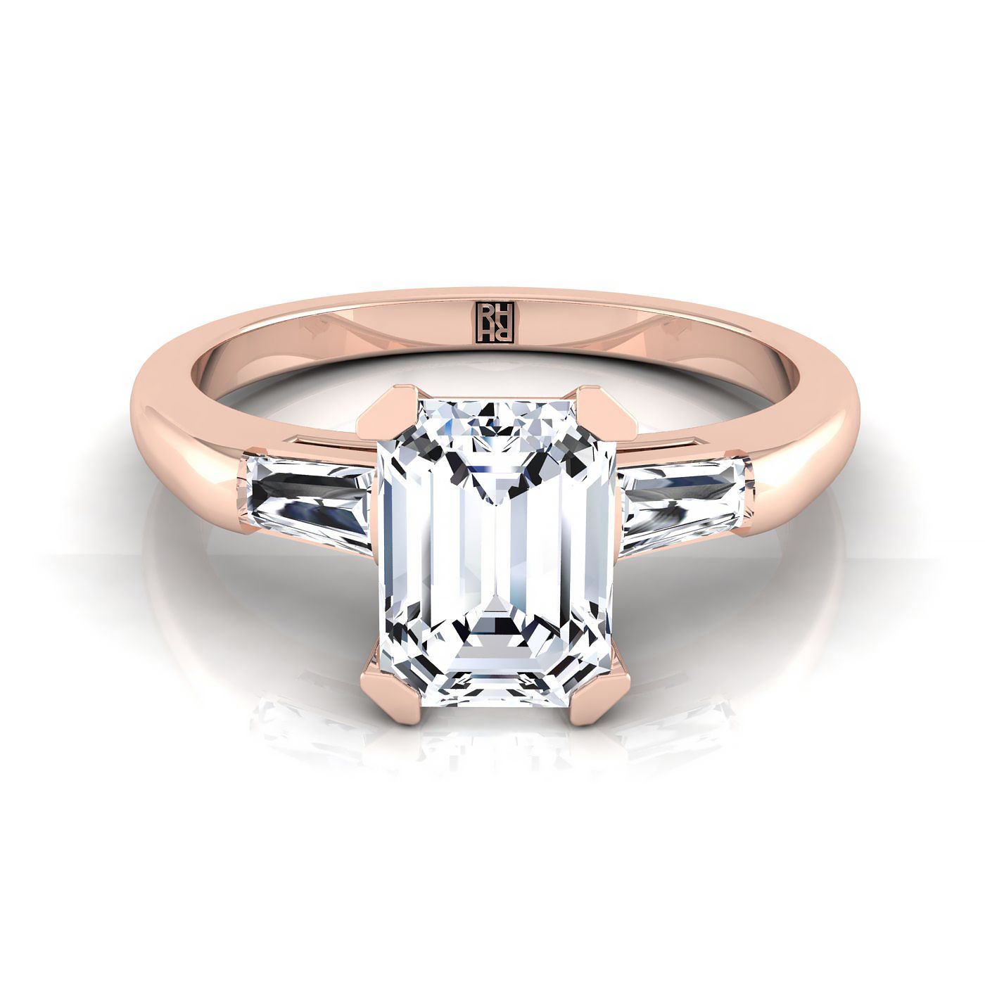 European Cut, Tapered Baguette Three Stone Emerald, in 14K Rose Gold, prong setting – view 8 | RockHer