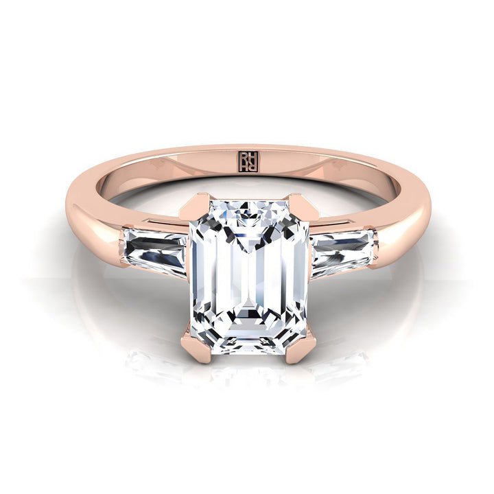 European Cut, Tapered Baguette Three Stone Emerald, in 14K Rose Gold, prong setting – view 8 | RockHer