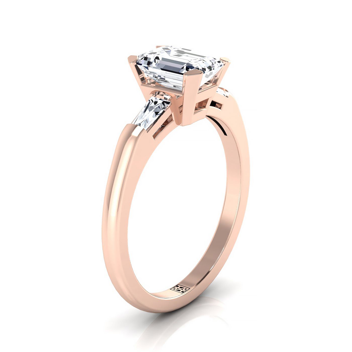 European Cut, Tapered Baguette Three Stone Emerald, in 14K Rose Gold, prong setting – view 9 | RockHer