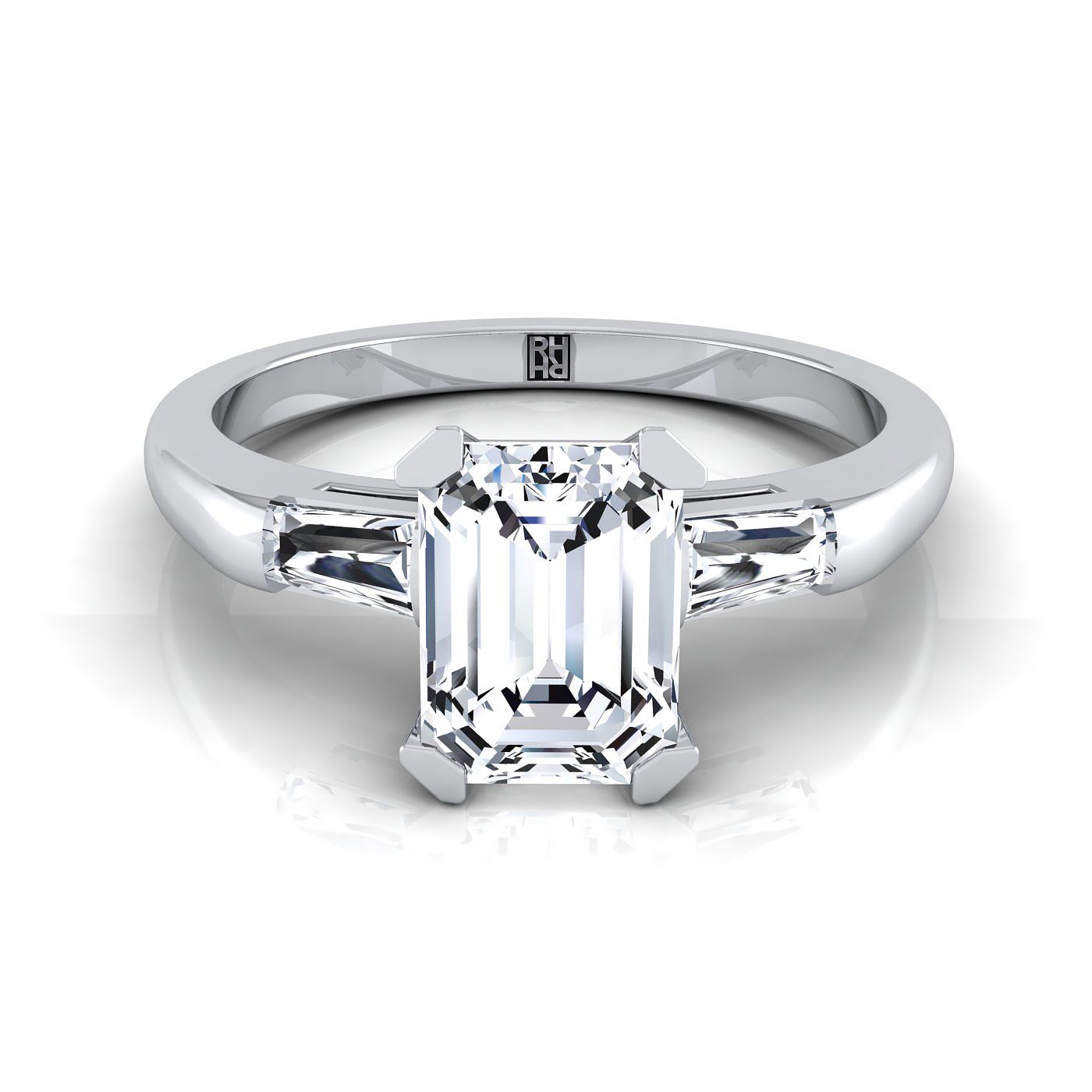 European Cut, Tapered Baguette Three Stone Emerald, in 18K White Gold – view 8 | RockHer