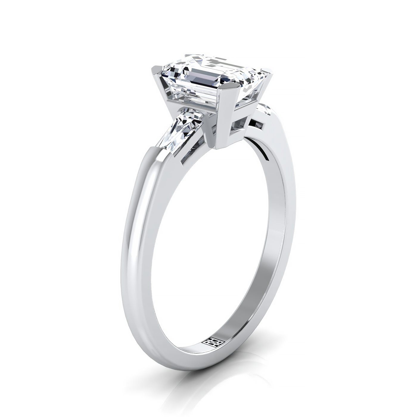 European Cut, Tapered Baguette Three Stone Emerald, in Platinum – view 9 | RockHer