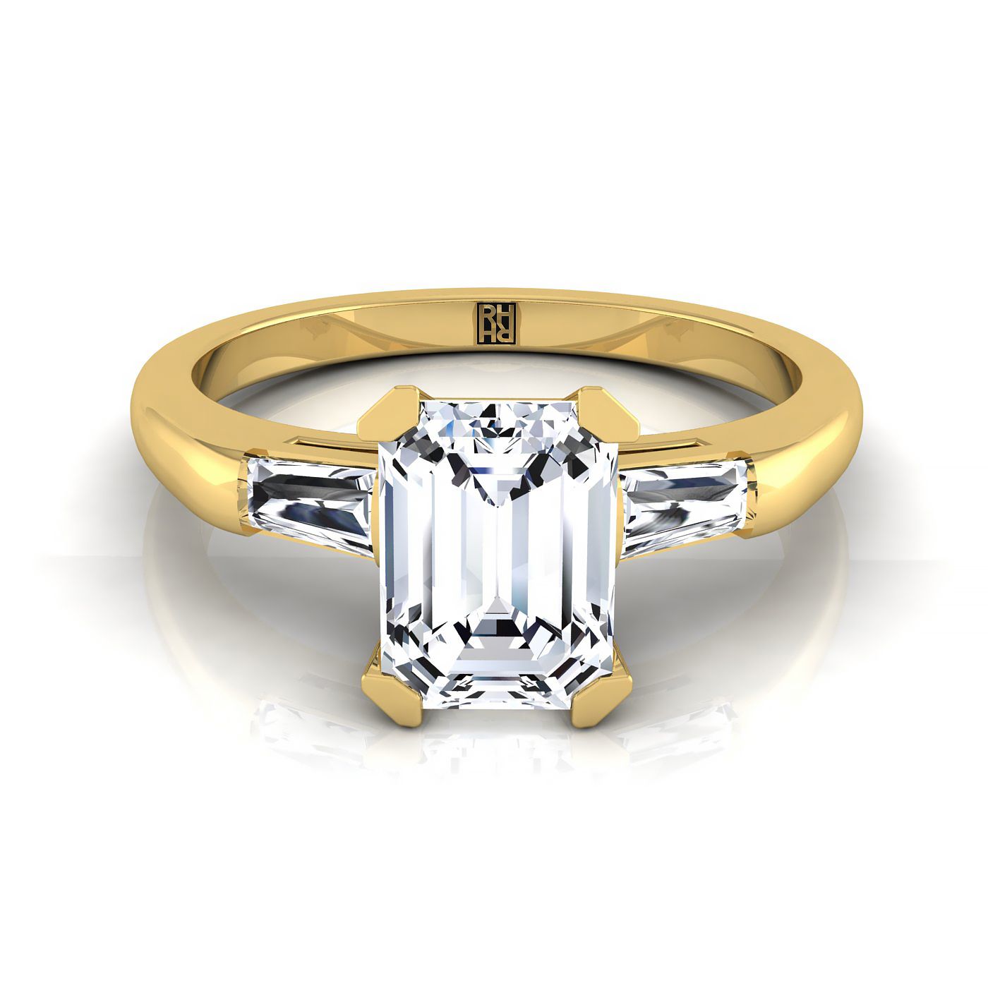 European Cut, Tapered Baguette Three Stone Emerald, in 18K Yellow Gold | RockHer