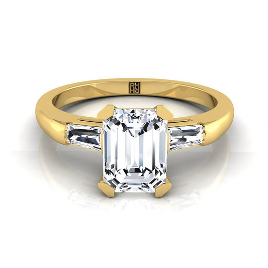 European Cut, Tapered Baguette Three Stone Emerald, in 18K Yellow Gold | RockHer