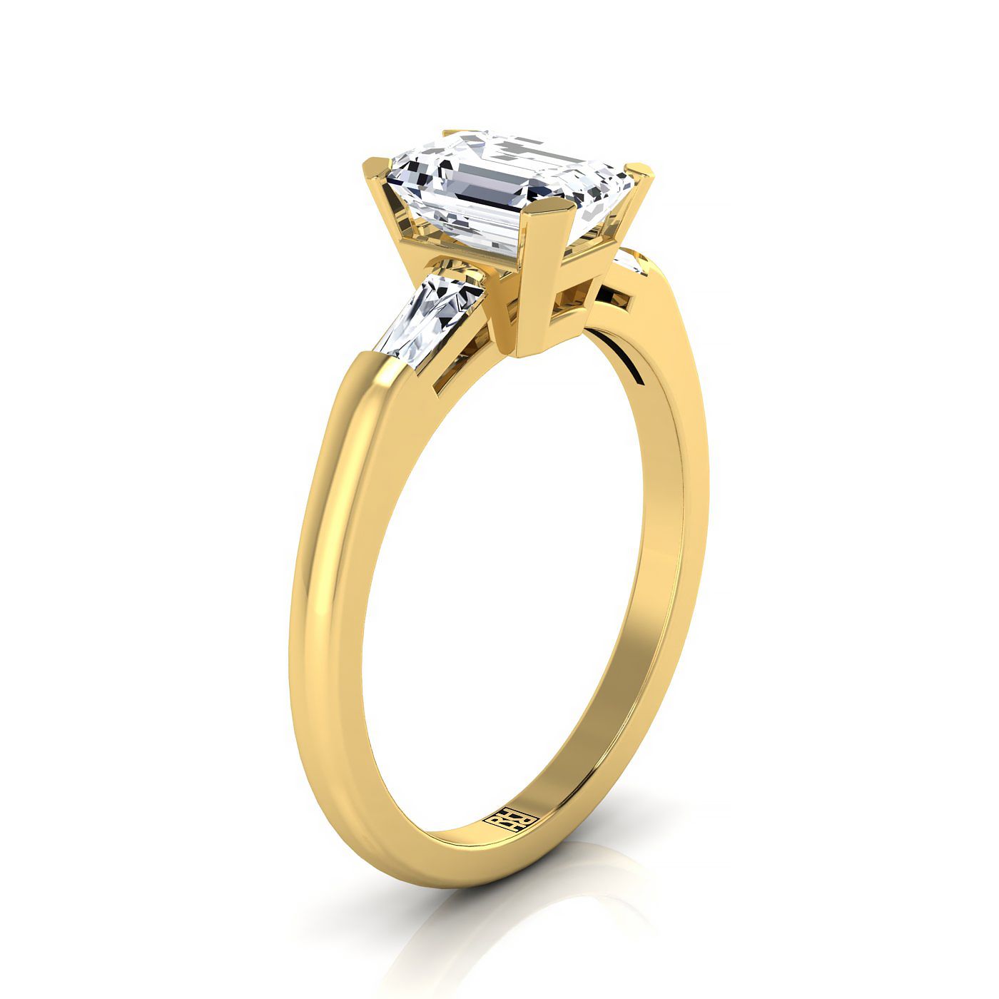 European Cut, Tapered Baguette Three Stone Emerald, in 18K Yellow Gold – side profile | RockHer
