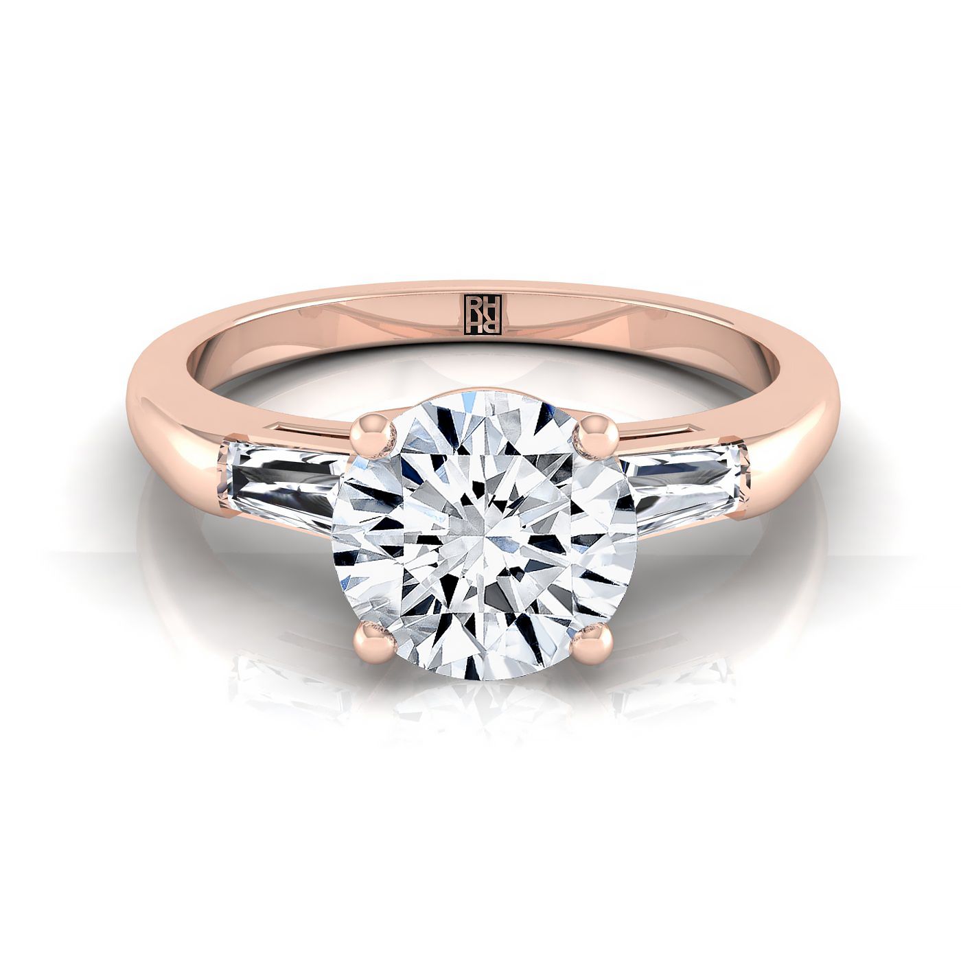 Round Brilliant, Tapered Baguette Three Stone Round, in 14K Rose Gold, prong setting | RockHer