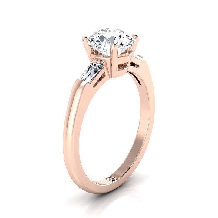 Round Brilliant, Tapered Baguette Three Stone Round, in 14K Rose Gold, prong setting – side profile | RockHer