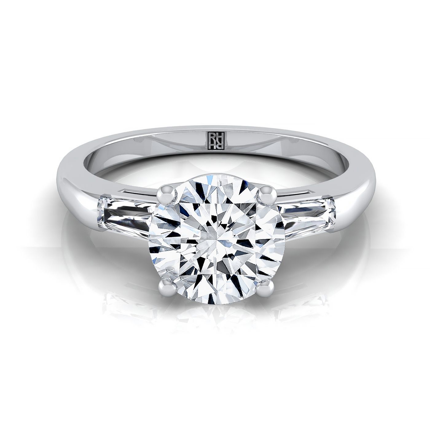 14K White Gold Round Brilliant Diamond Three Stone Tapered Baguette Engagement Ring -1/5ctw