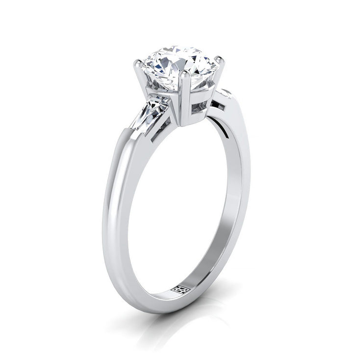 Round Brilliant, Tapered Baguette Three Stone Round, in 18K White Gold – side profile | RockHer
