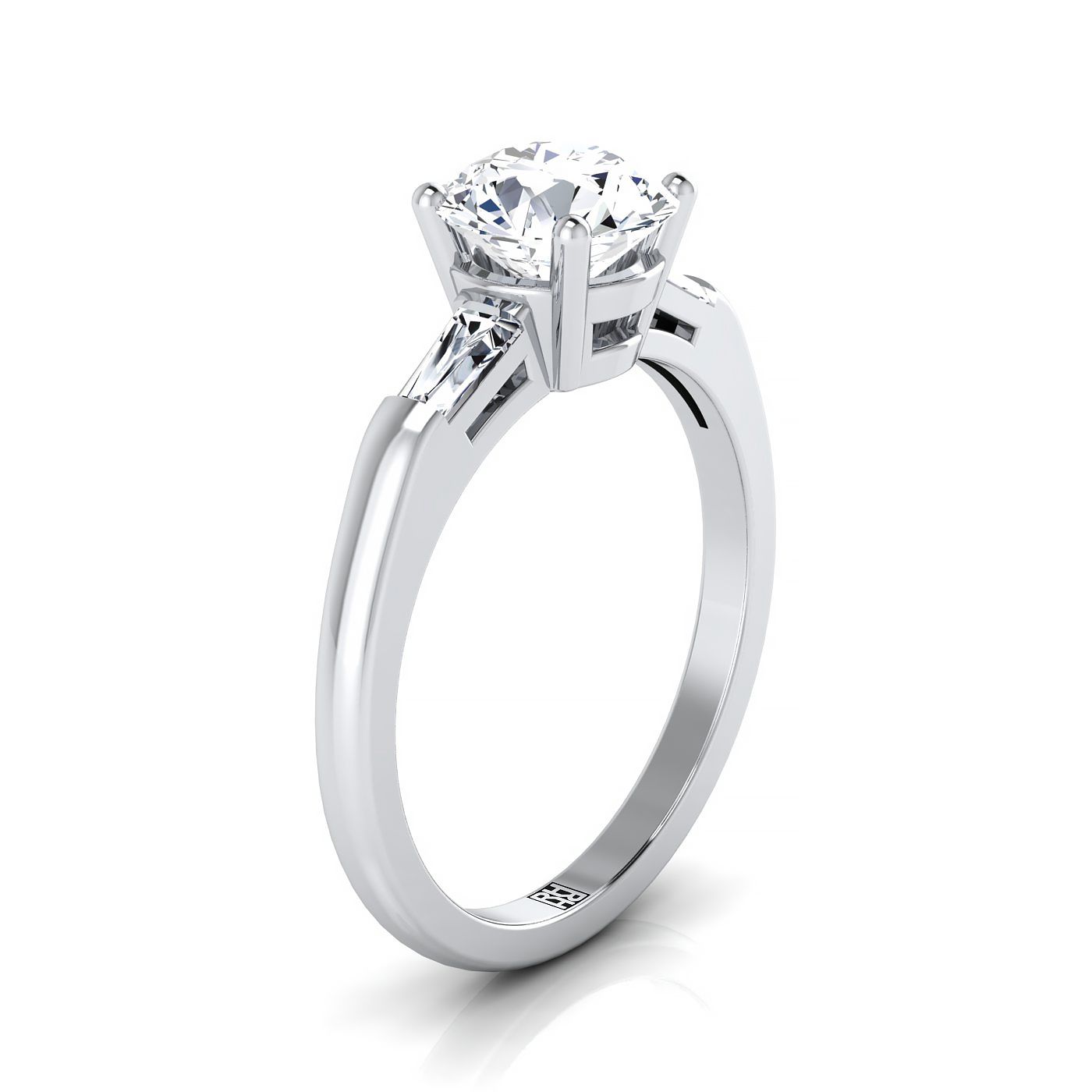 Round Brilliant, Tapered Baguette Three Stone Round, in Platinum – side profile | RockHer