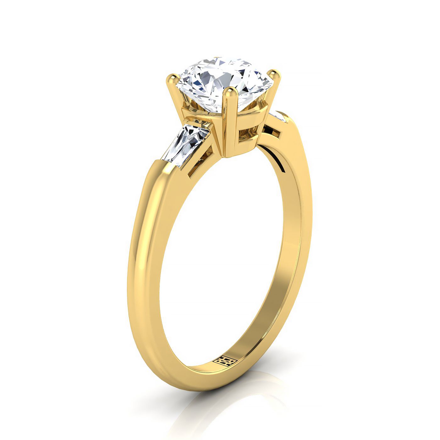 Round Brilliant, Tapered Baguette Three Stone Round, in 18K Yellow Gold – side profile | RockHer