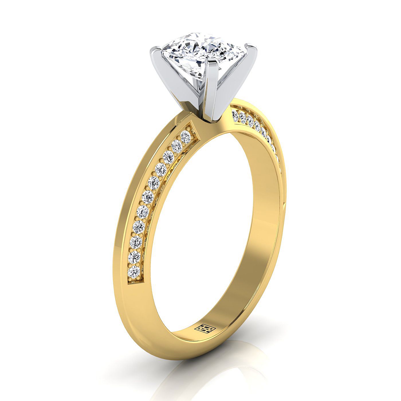 14K Yellow Gold Cushion Diamond Knife Edge Micropave Engagement Ring -1/5ctw