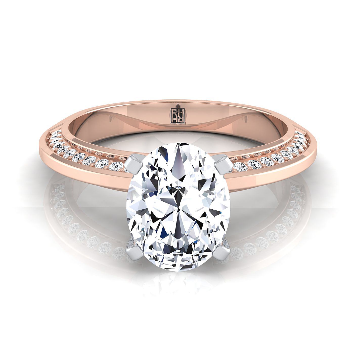 แหวนหมั้นเพชรรูปไข่ขอบมีดไมโครเพฟทองกุหลาบ 14K - 1/5 กะรัตรวม